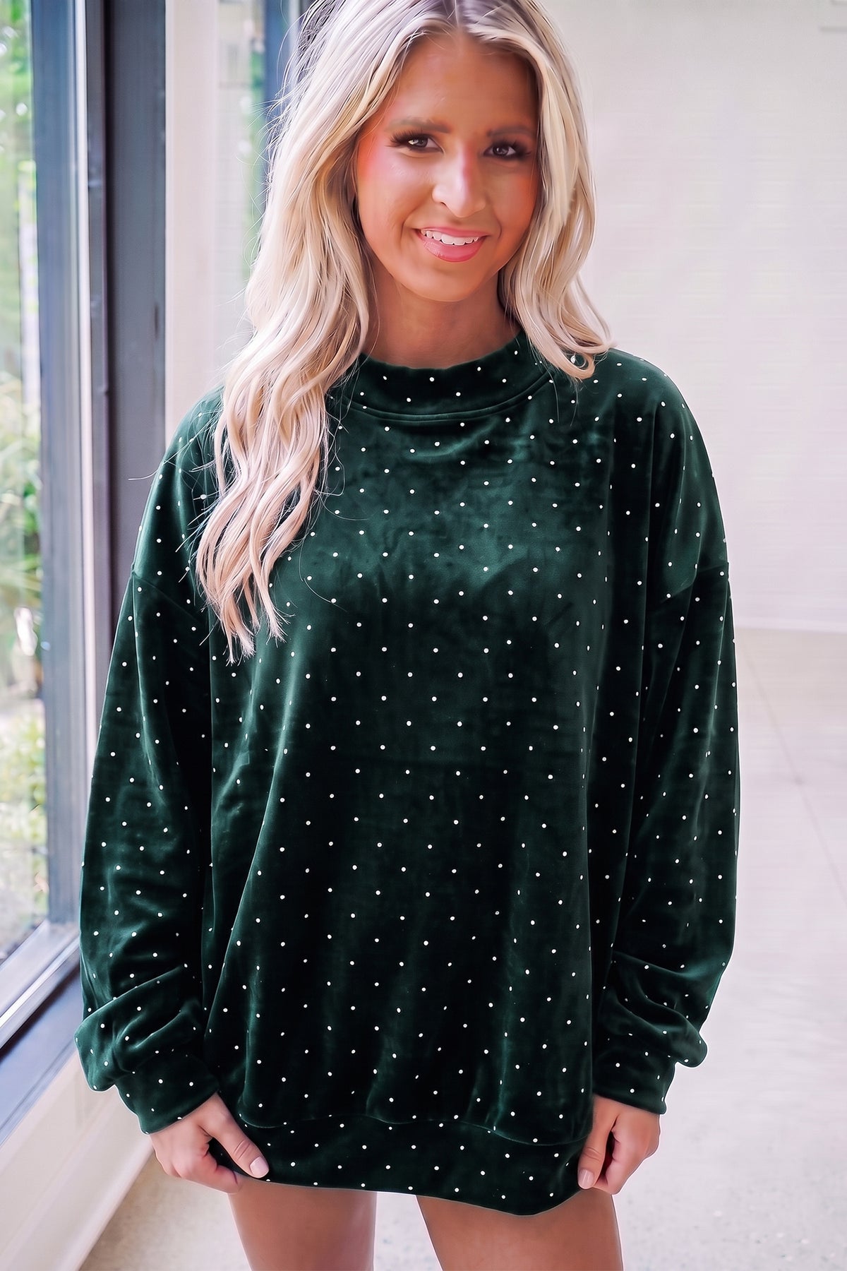 Black Velvet Polka Dot High Neck Tunic Pullover Sweatshirt