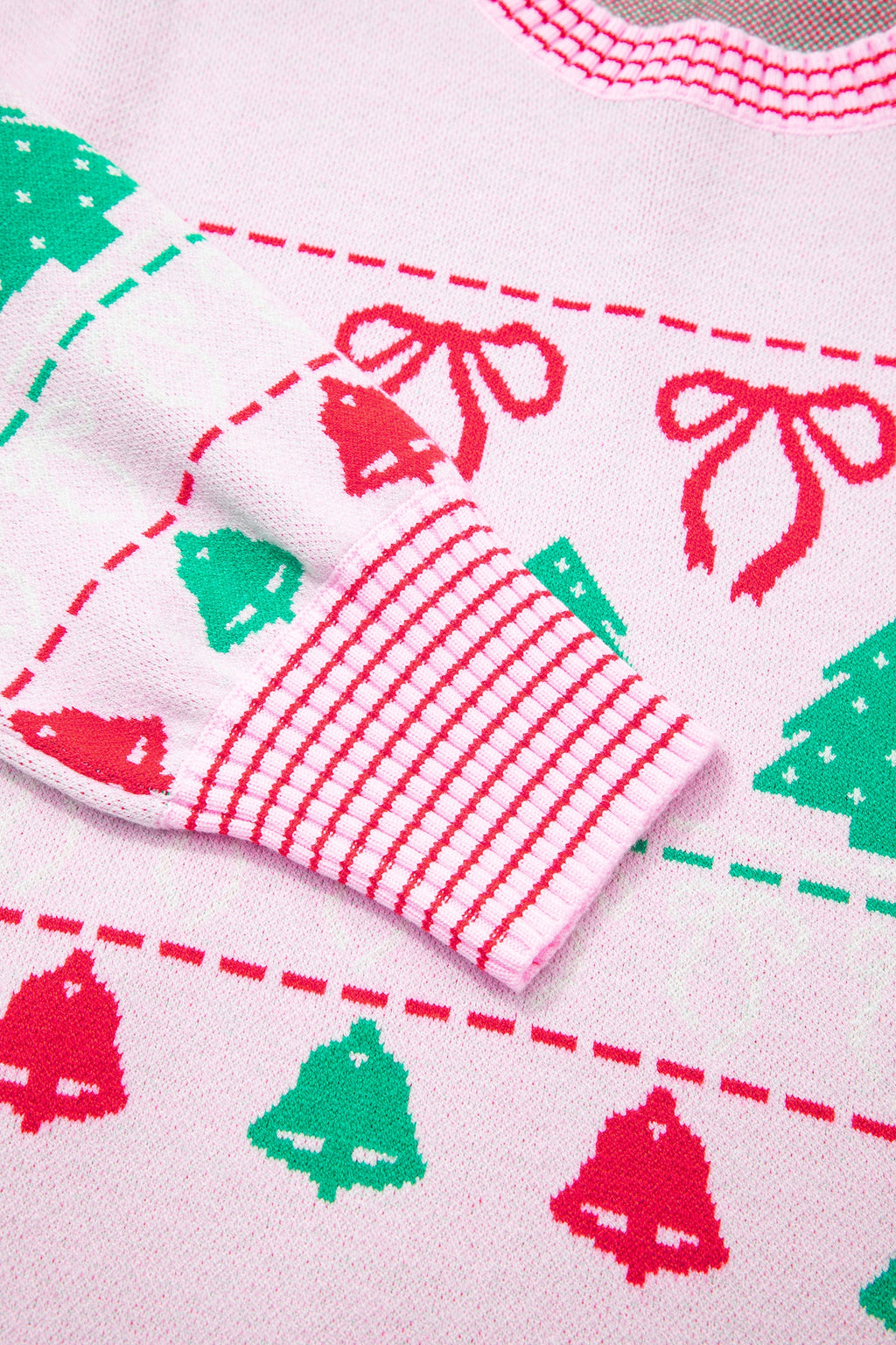 Pink Festive Holiday Print Round Neck Loose Tunic Sweater