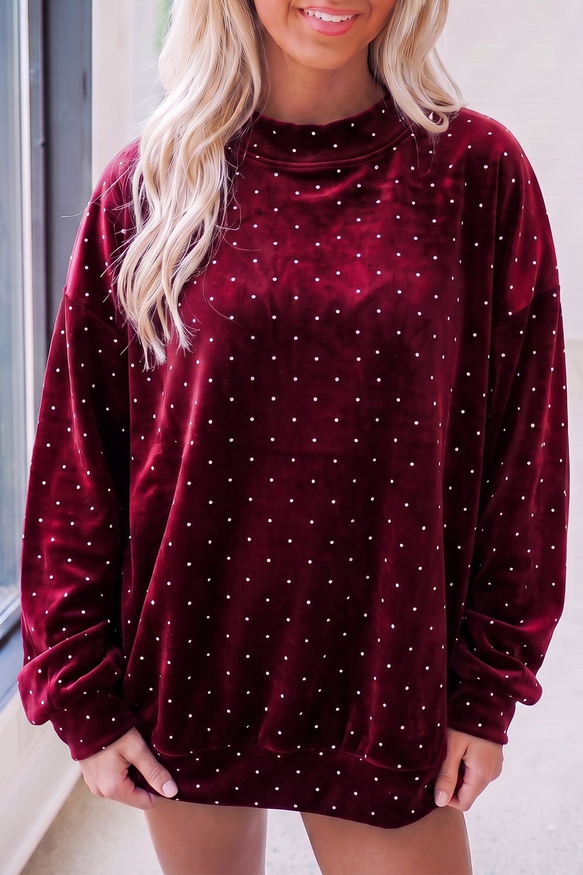 Black Velvet Polka Dot High Neck Tunic Pullover Sweatshirt