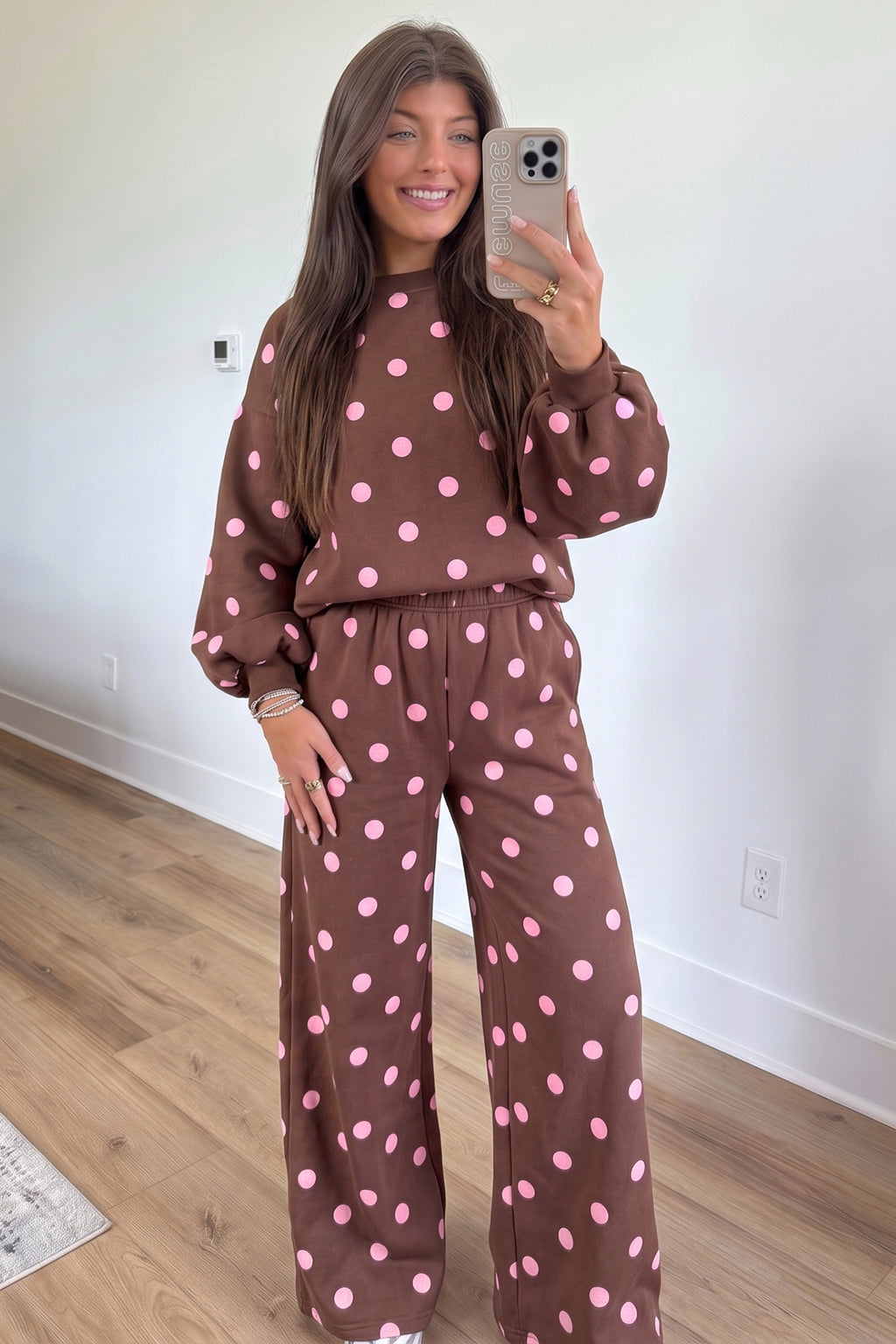 Pink Polka Dot Puff Sleeve Top Casual Pants 2pcs Set