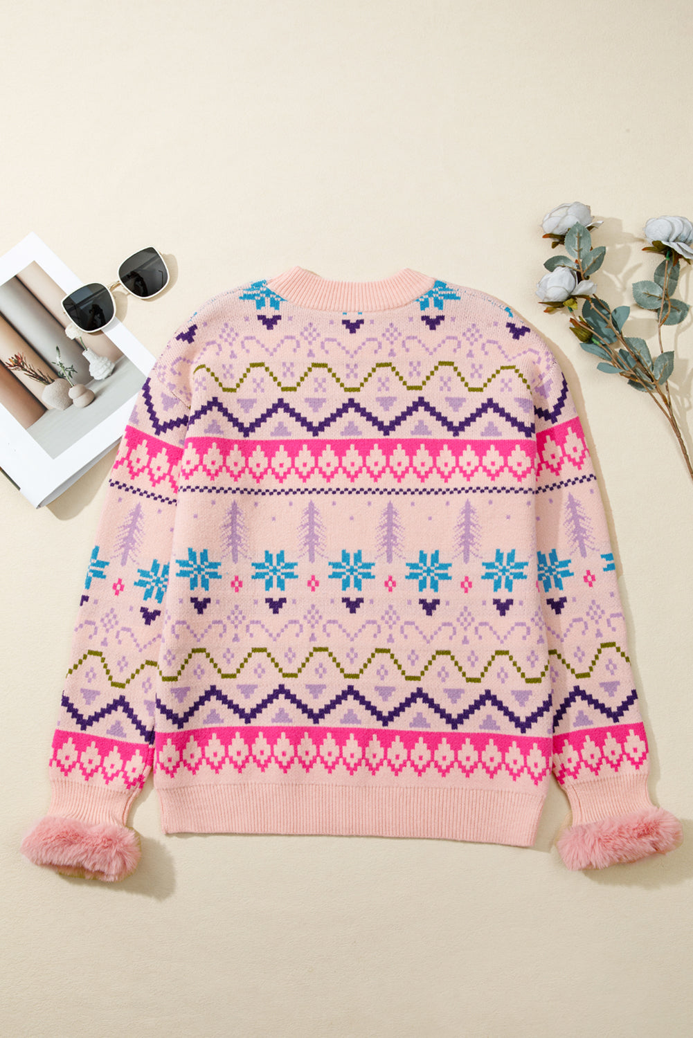 Multicolour Ethnic Christmas Pattern Knit Feather Cuffed Sweater