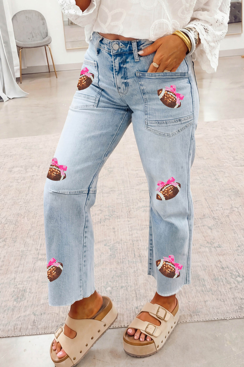Beau Blue Sequin Bow Football Patches Raw Cut Ankle Length Jeans