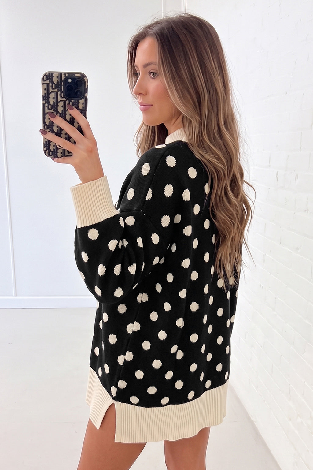 Red Polka Dot Pattern Ribbed Colorblock Trim Mock Neck Split Tunic Sweater