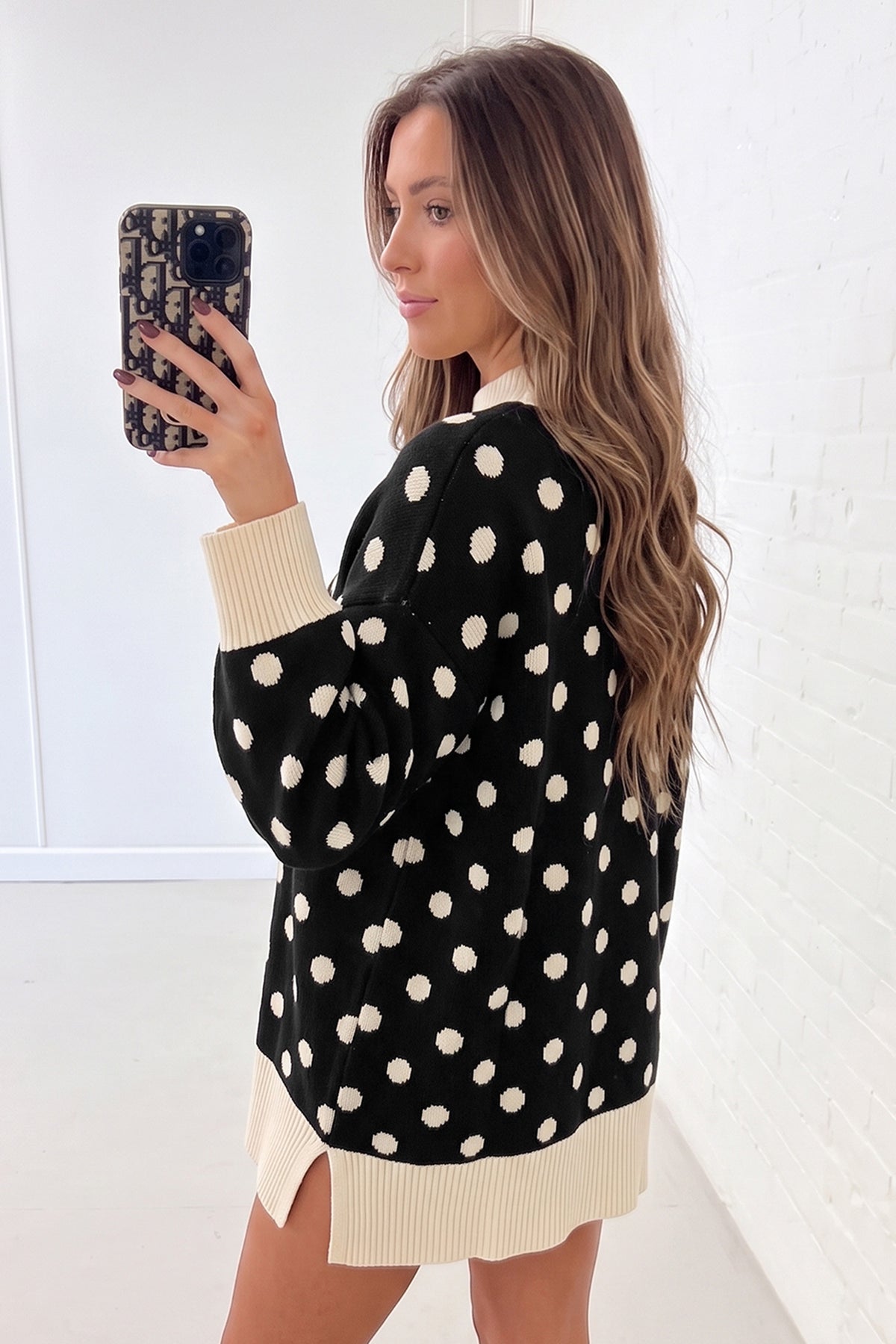 Red Polka Dot Pattern Ribbed Colorblock Trim Mock Neck Split Tunic Sweater