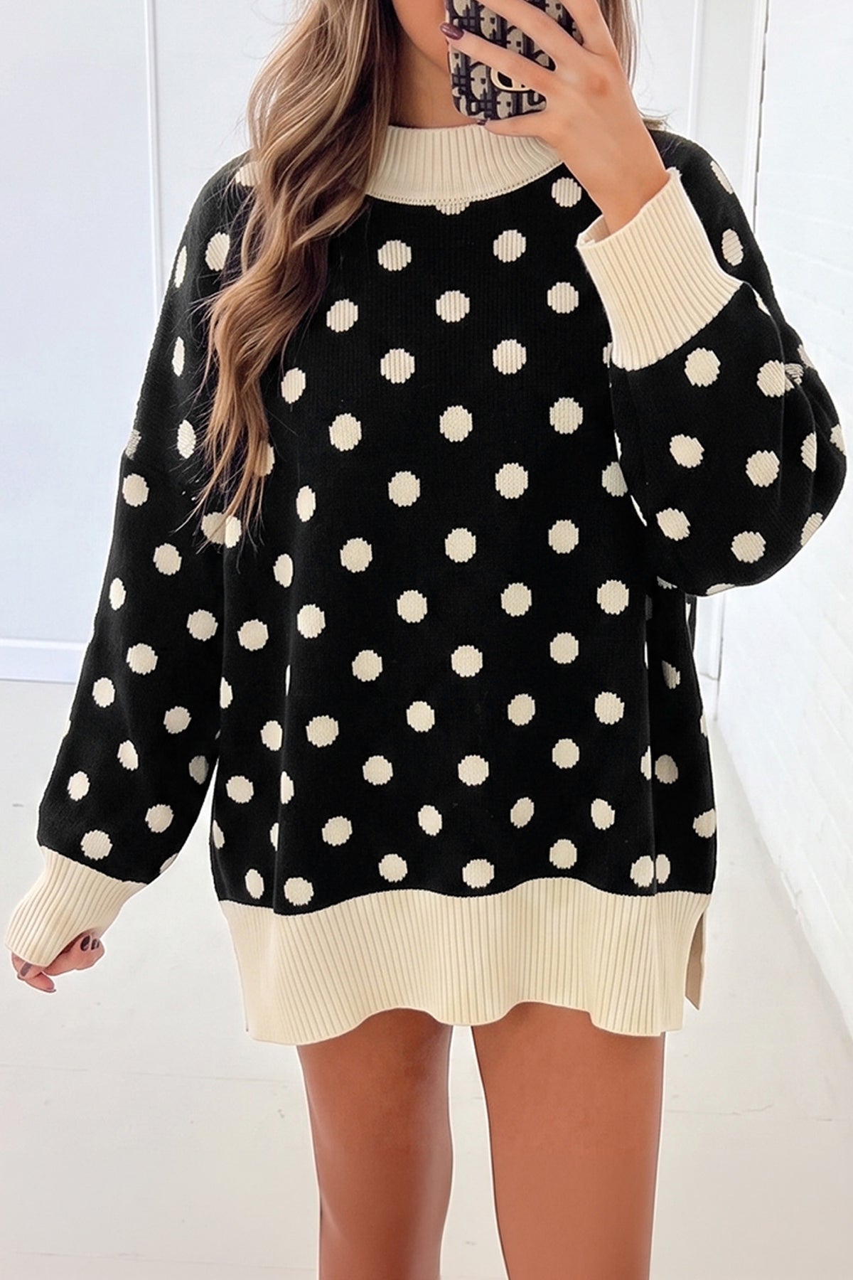 Red Polka Dot Pattern Ribbed Colorblock Trim Mock Neck Split Tunic Sweater