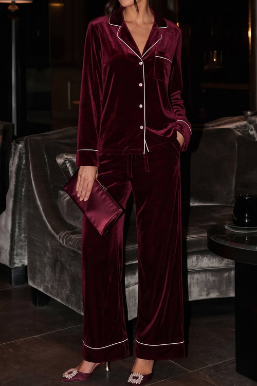Burgundy Velvet Long Sleeve Top and Pants Two Piece Casual Lounge Set