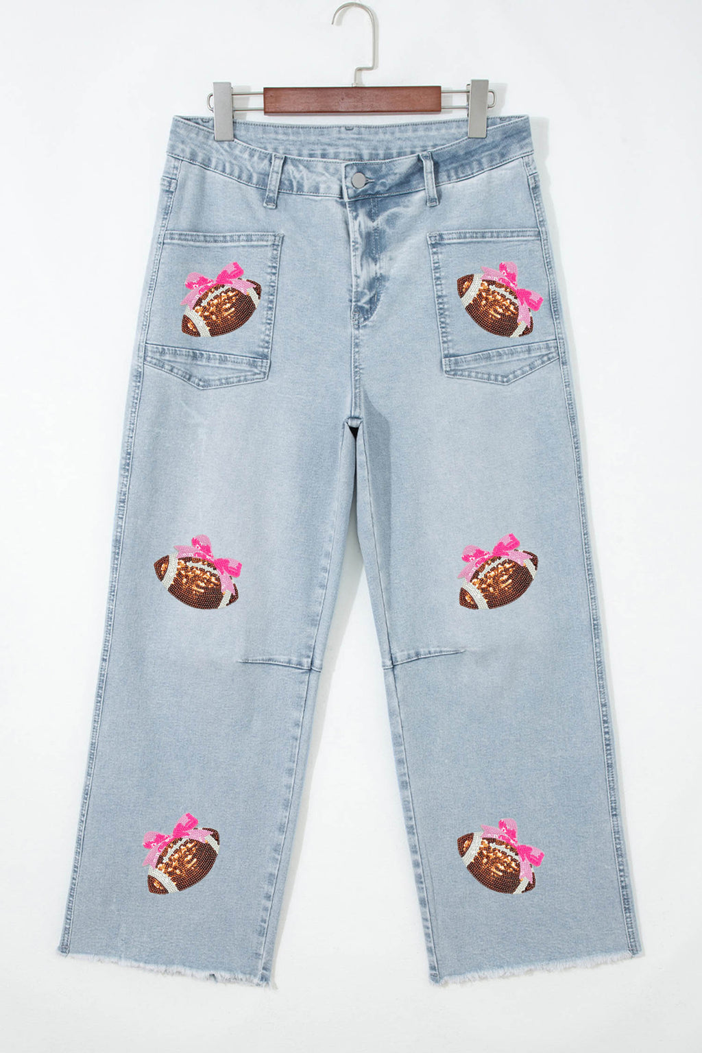 Beau Blue Sequin Bow Football Patches Raw Cut Ankle Length Jeans