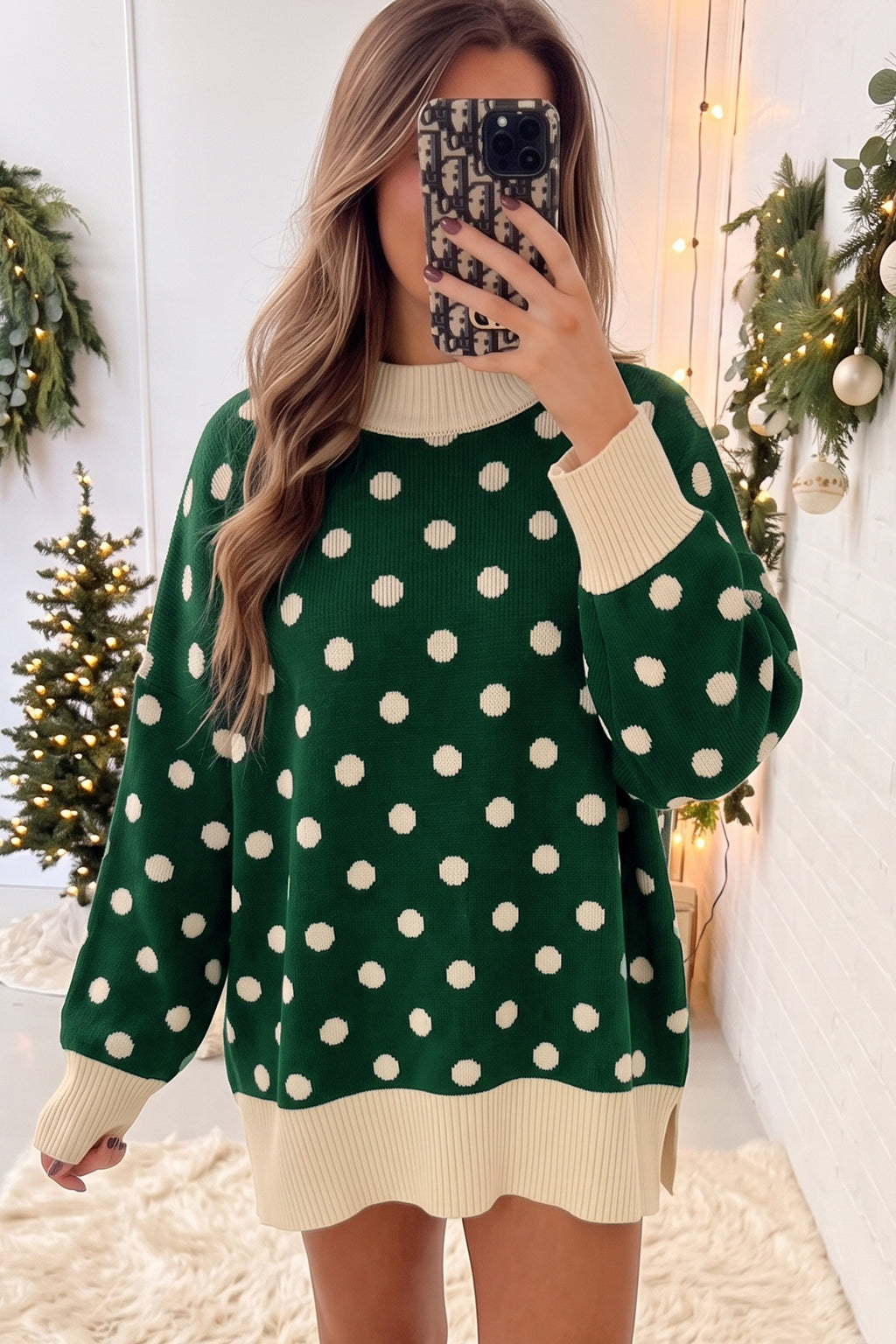Red Polka Dot Pattern Ribbed Colorblock Trim Mock Neck Split Tunic Sweater