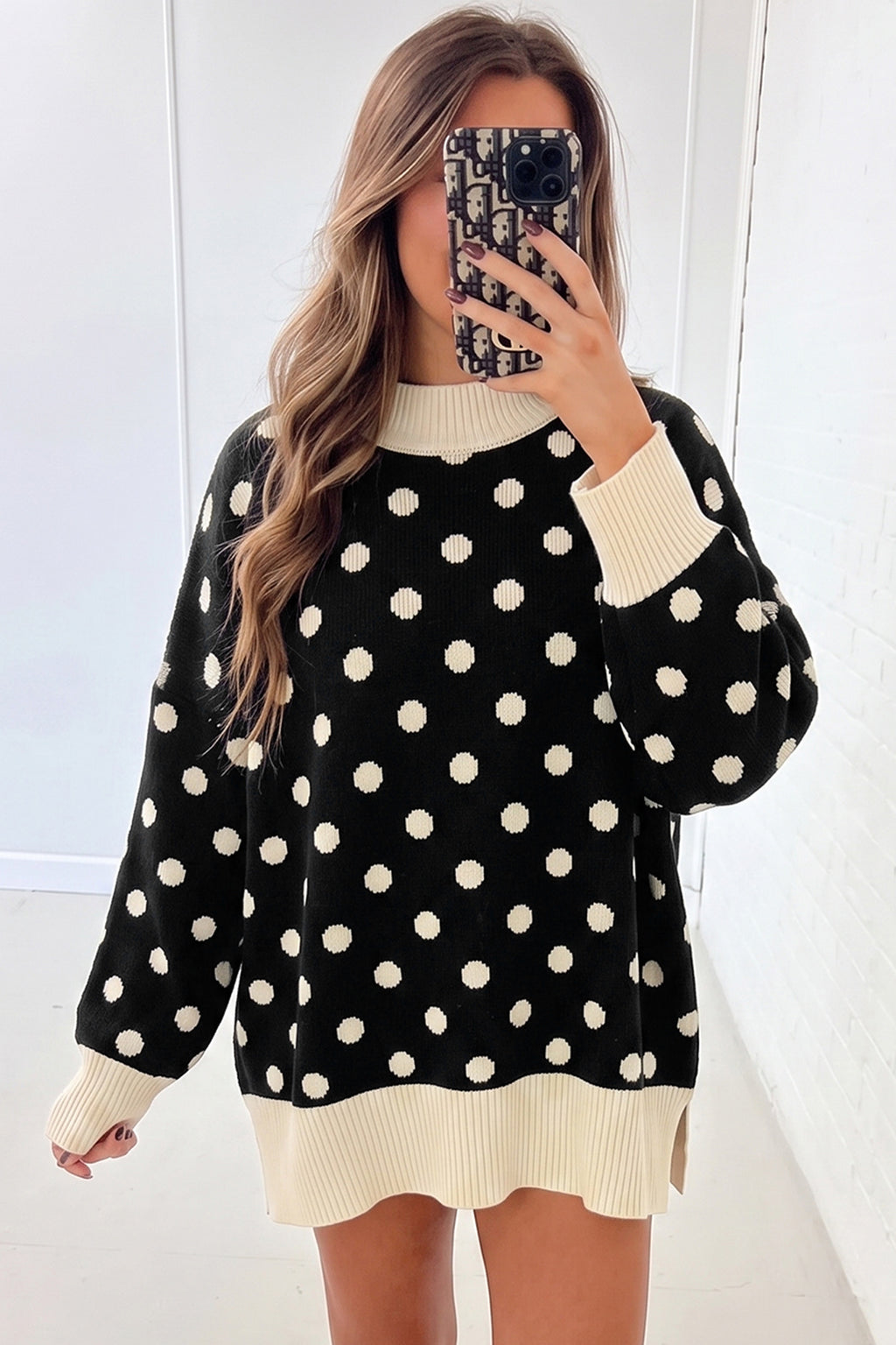 Red Polka Dot Pattern Ribbed Colorblock Trim Mock Neck Split Tunic Sweater