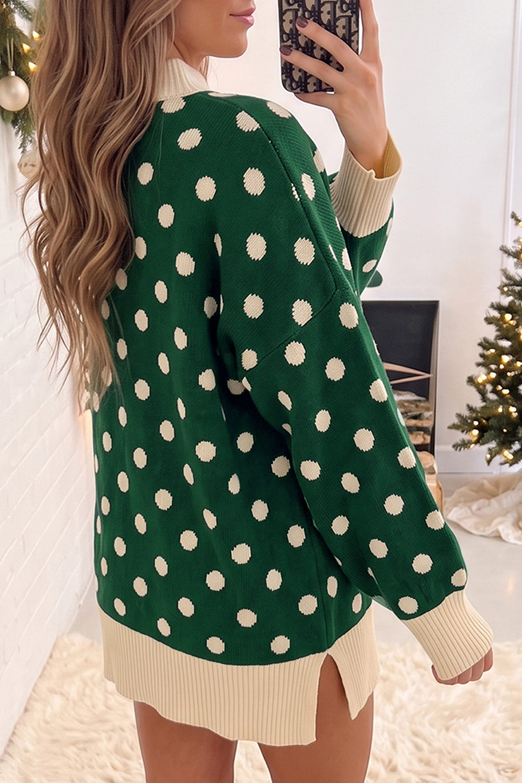 Red Polka Dot Pattern Ribbed Colorblock Trim Mock Neck Split Tunic Sweater