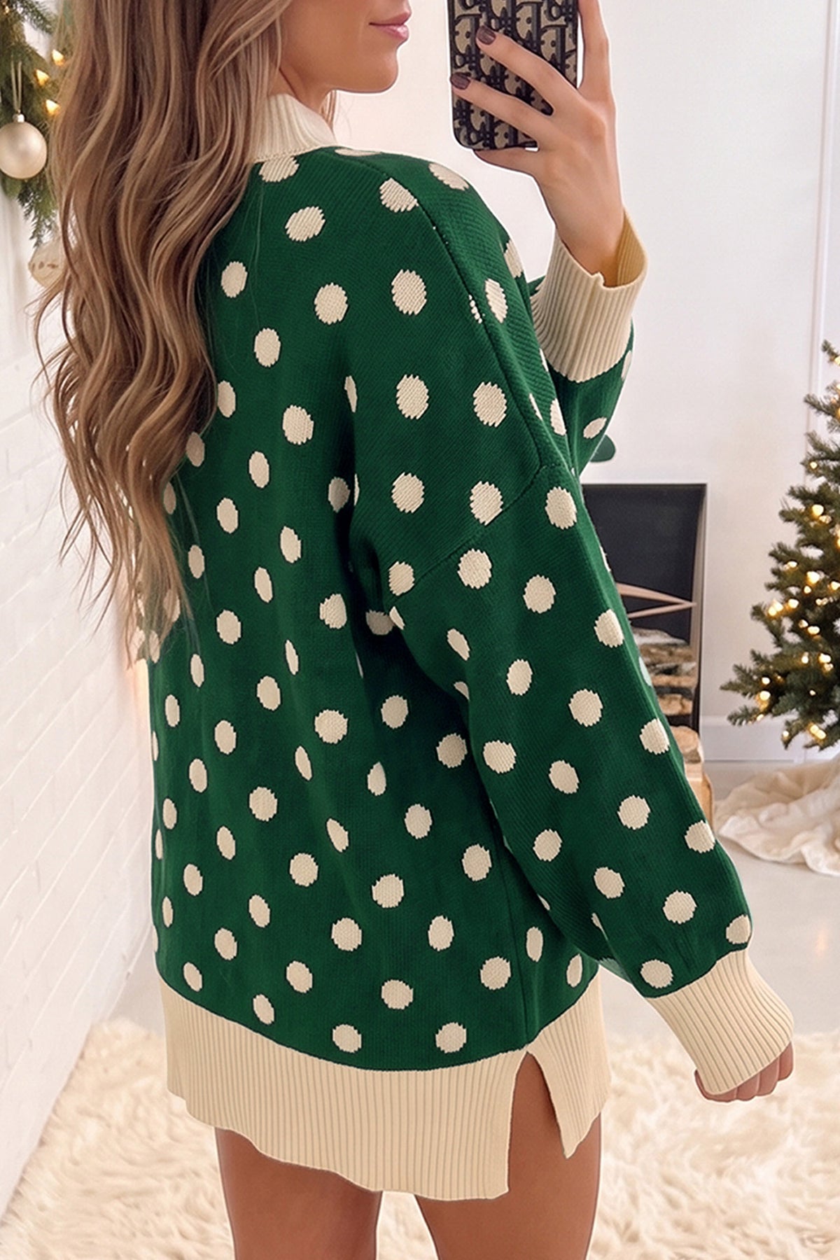 Red Polka Dot Pattern Ribbed Colorblock Trim Mock Neck Split Tunic Sweater