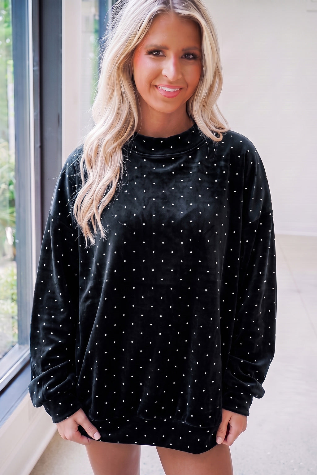 Black Velvet Polka Dot High Neck Tunic Pullover Sweatshirt