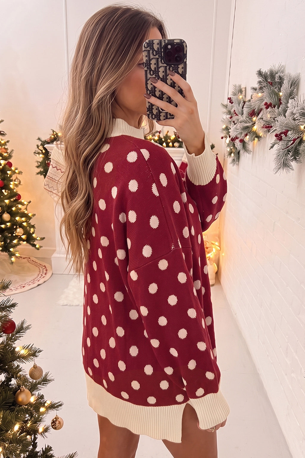 Red Polka Dot Pattern Ribbed Colorblock Trim Mock Neck Split Tunic Sweater