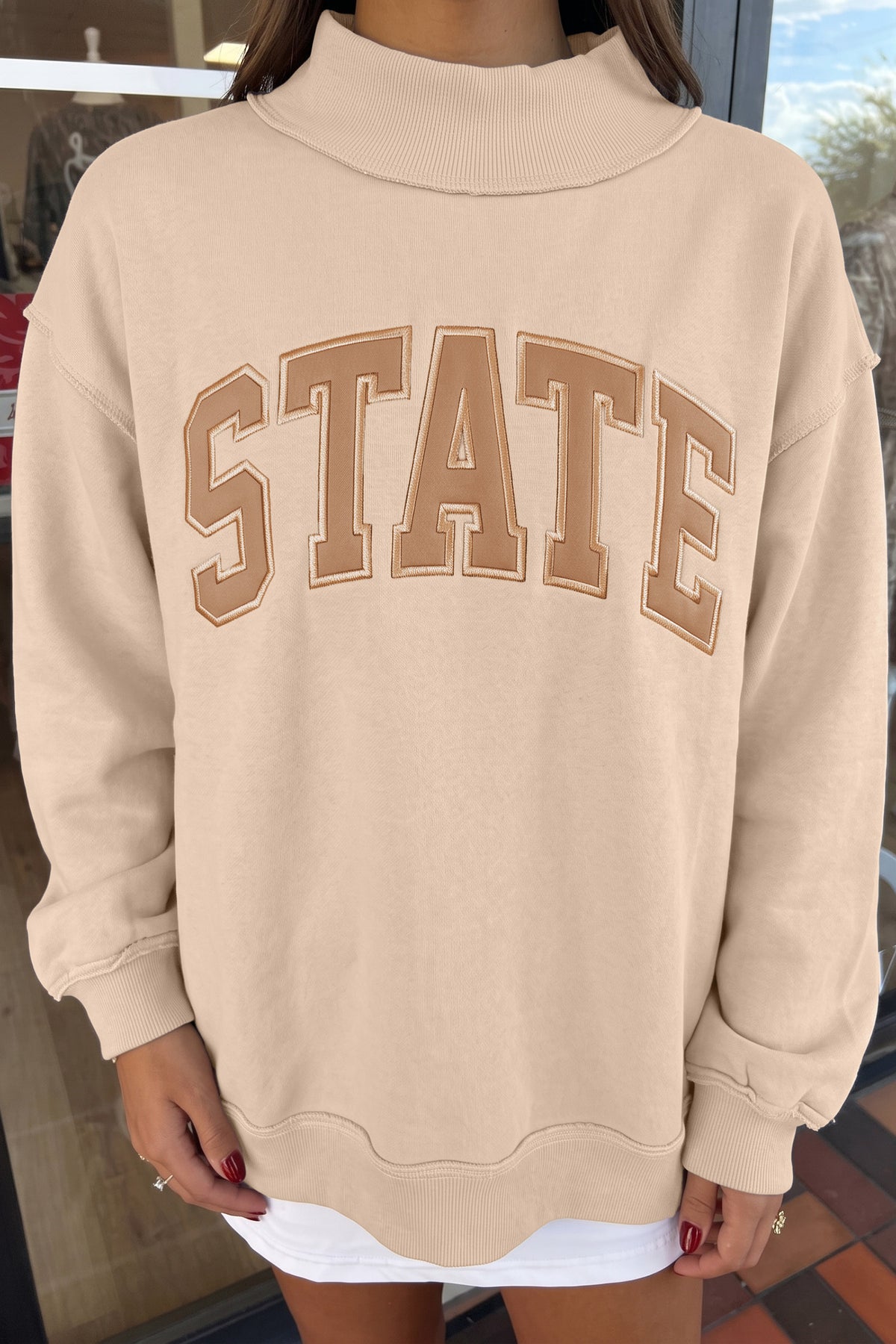 Light Grey Exposed Seam Mock Neck STATE Letter Graphic Loose Sweatshirt