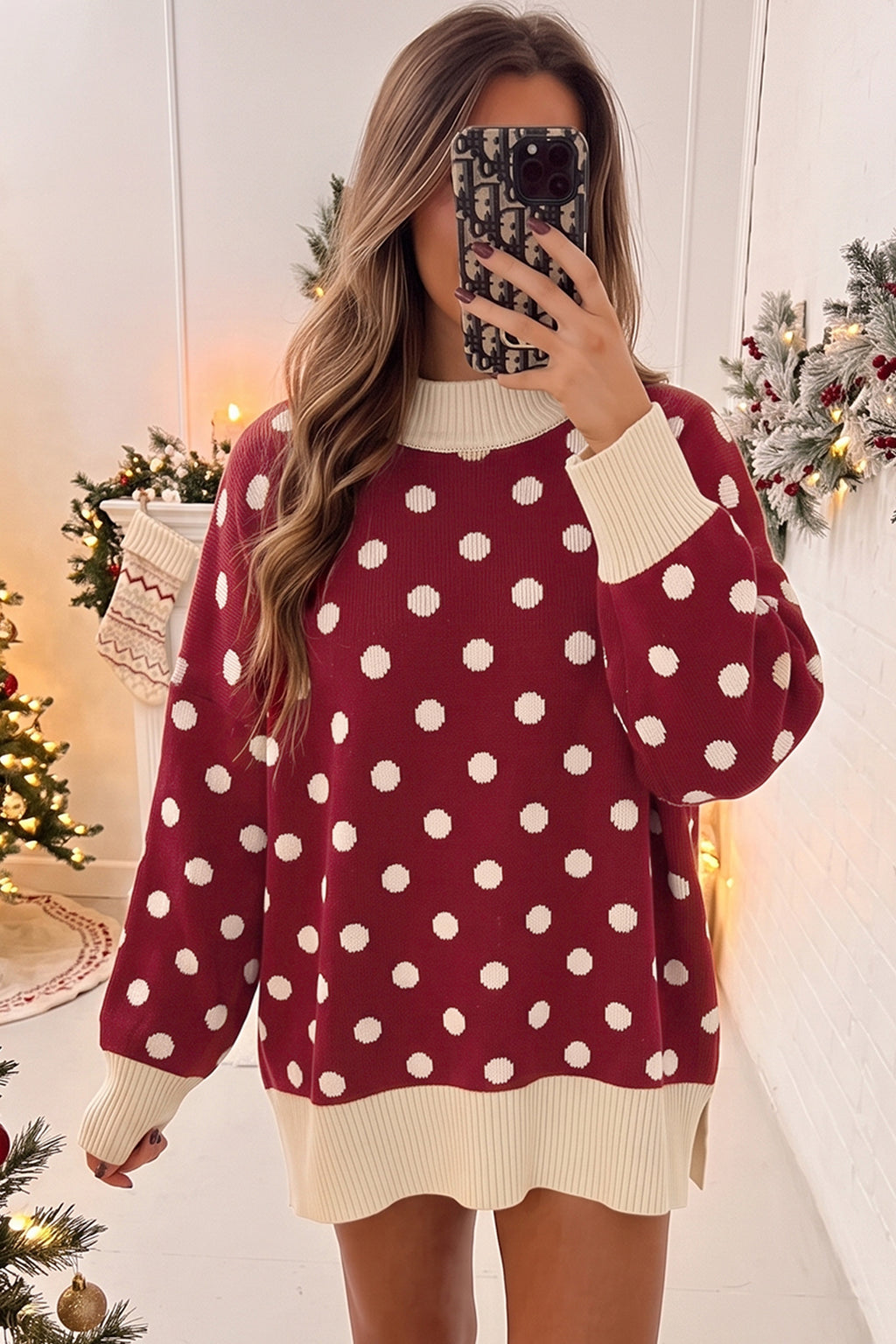 Red Polka Dot Pattern Ribbed Colorblock Trim Mock Neck Split Tunic Sweater
