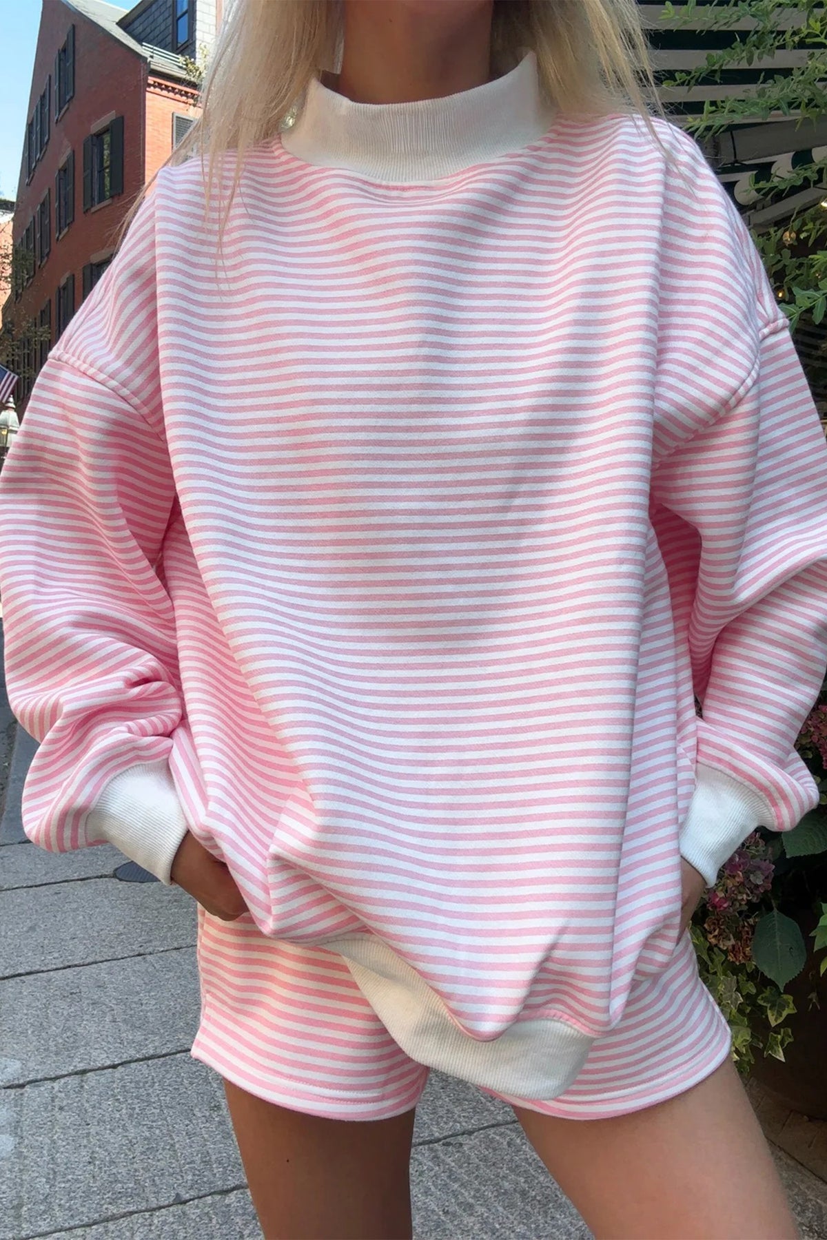 Pink Stripe Oversize Mock Neck Sweatshirt and Shorts Set