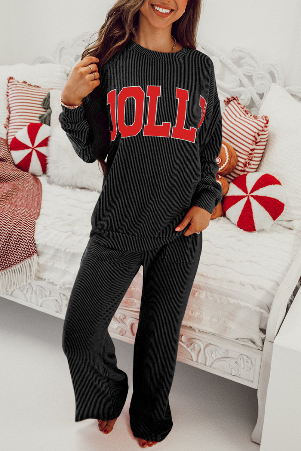 Racing Red MERRY Corded Long Sleeve Top and Pockets Pants Set