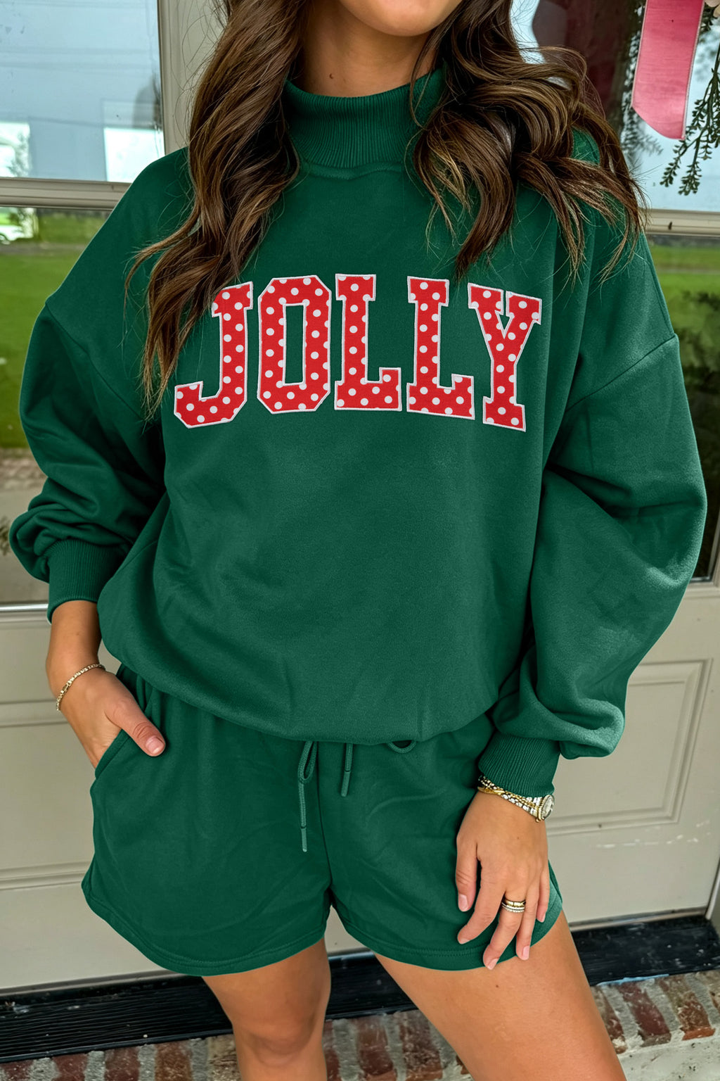 Red Christian Slogan Print Mock Neck Pullover and Shorts Set