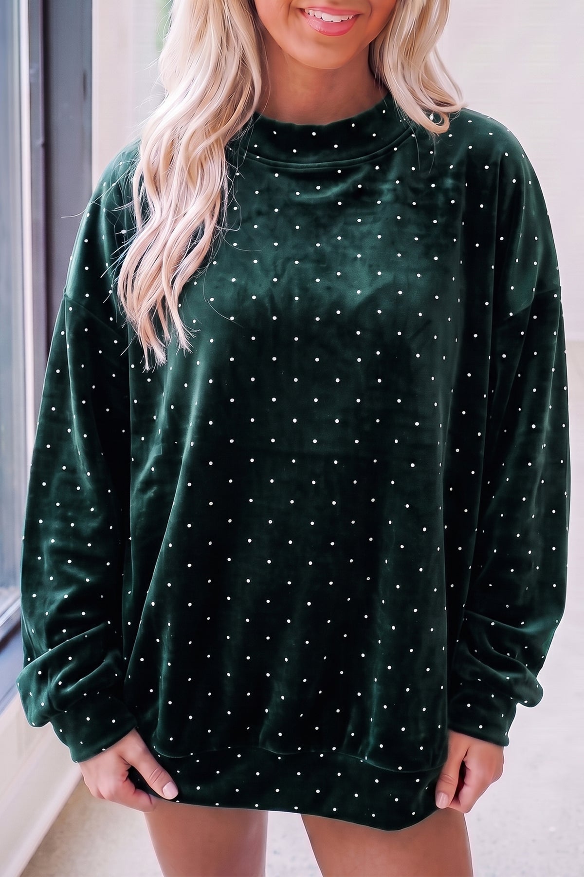 Black Velvet Polka Dot High Neck Tunic Pullover Sweatshirt