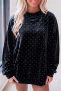 Black Velvet Polka Dot High Neck Tunic Pullover Sweatshirt