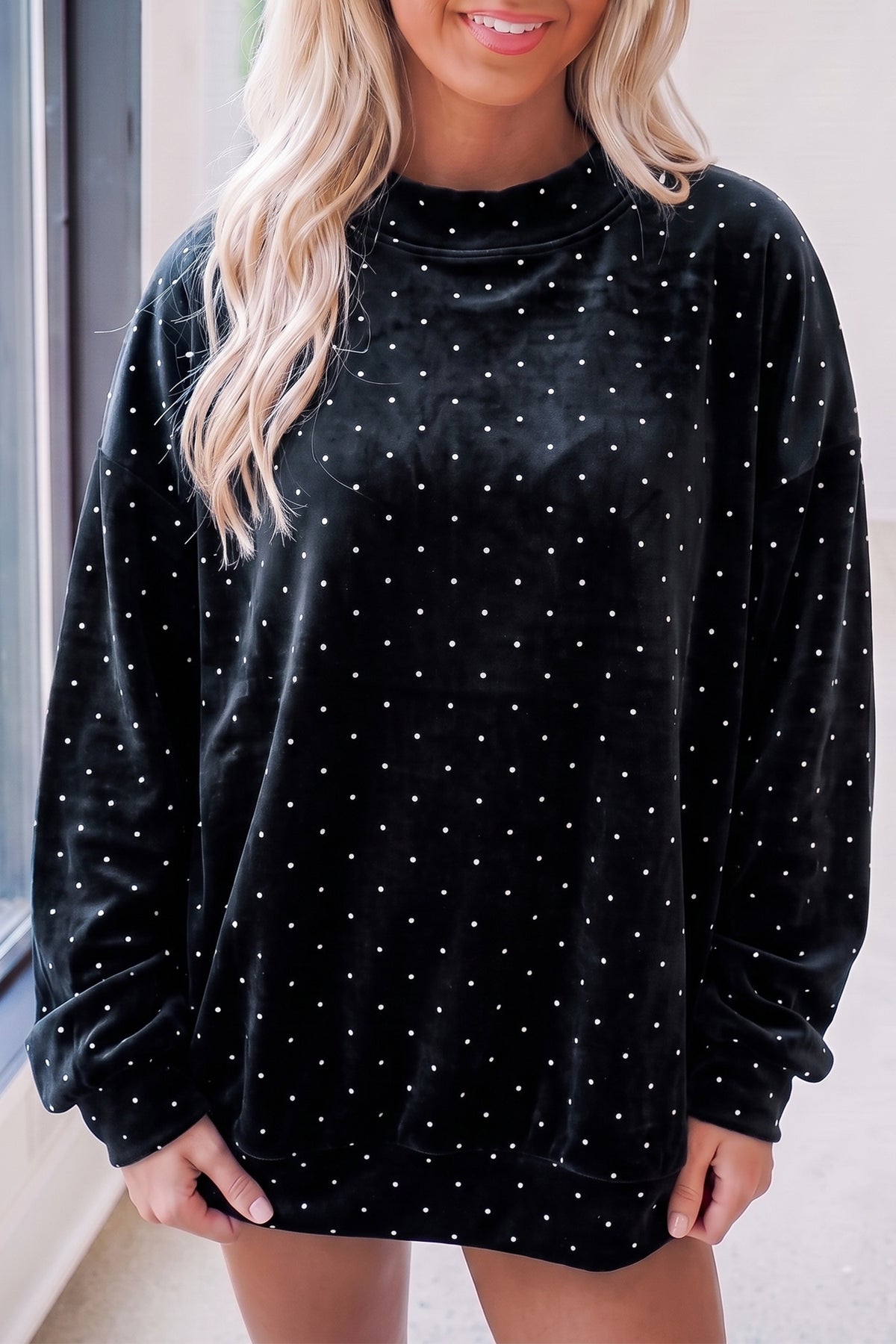 Black Velvet Polka Dot High Neck Tunic Pullover Sweatshirt