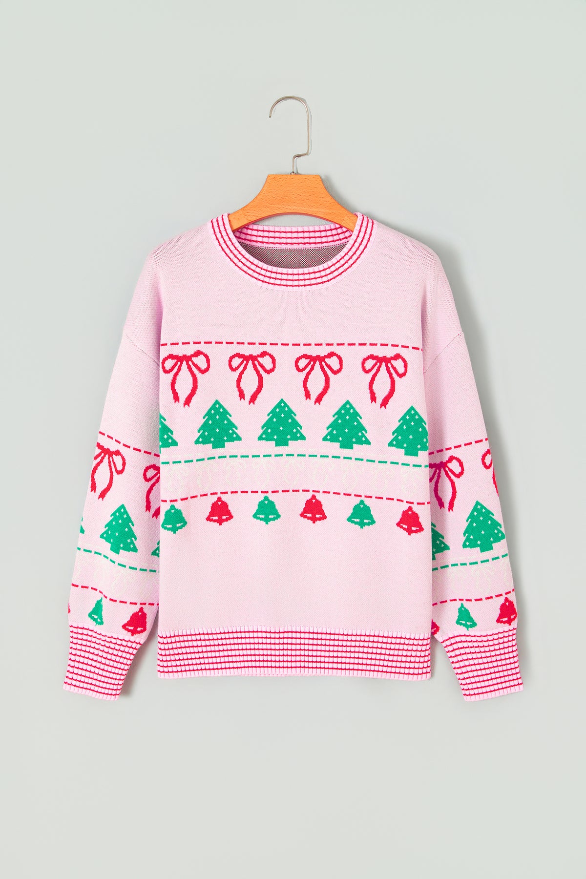 Pink Festive Holiday Print Round Neck Loose Tunic Sweater