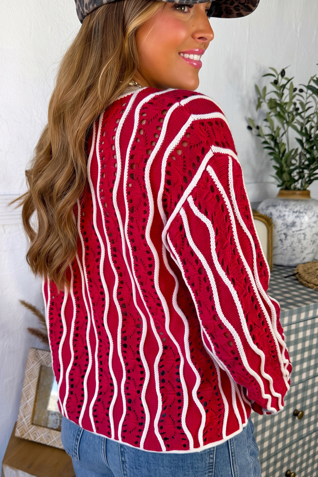 Racing Red Wavy Detail Hollow Out Knit Long Sleeve Cotton Pullover Sweater