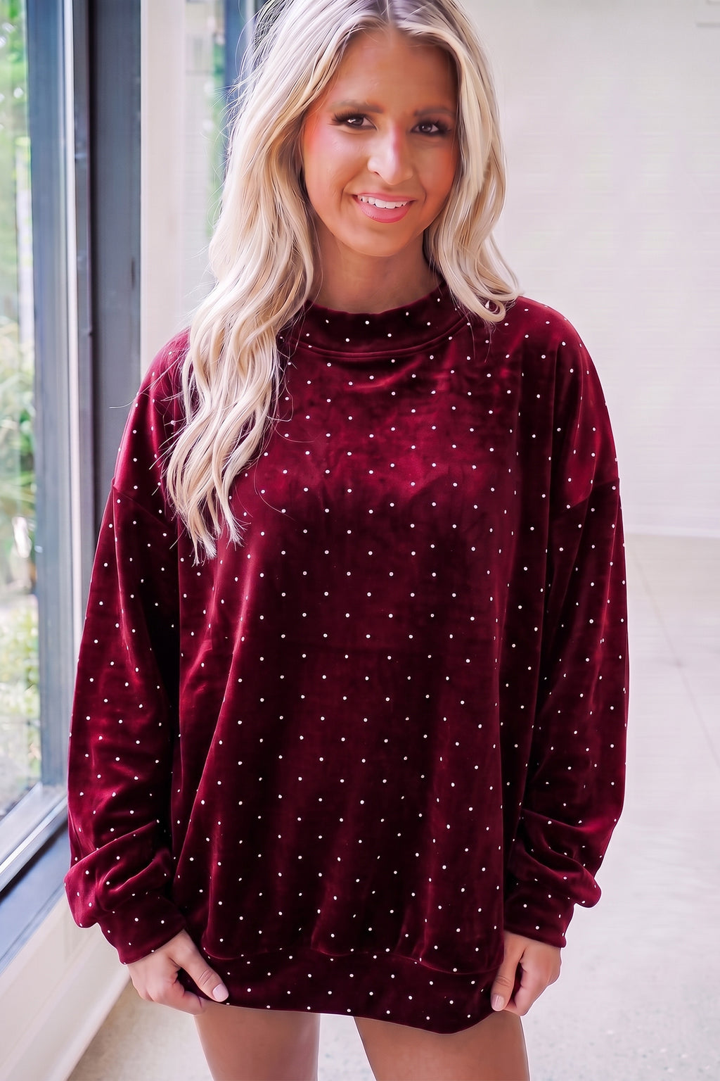 Black Velvet Polka Dot High Neck Tunic Pullover Sweatshirt