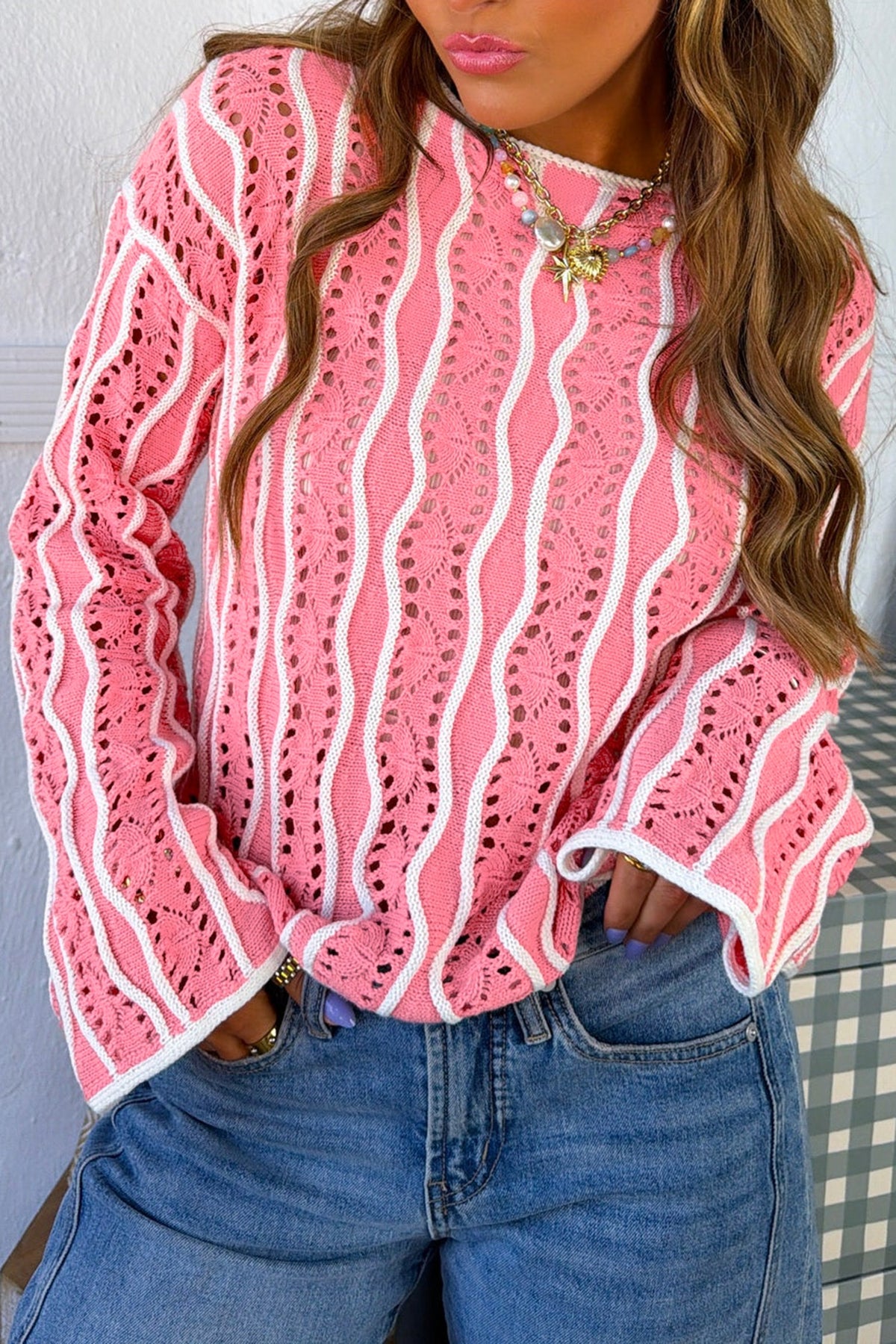 Racing Red Wavy Detail Hollow Out Knit Long Sleeve Cotton Pullover Sweater
