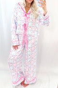 Pink Bow Wreath Pattern Christmas Holiday Tied Front Long Sleeve 2pcs Pajama Set