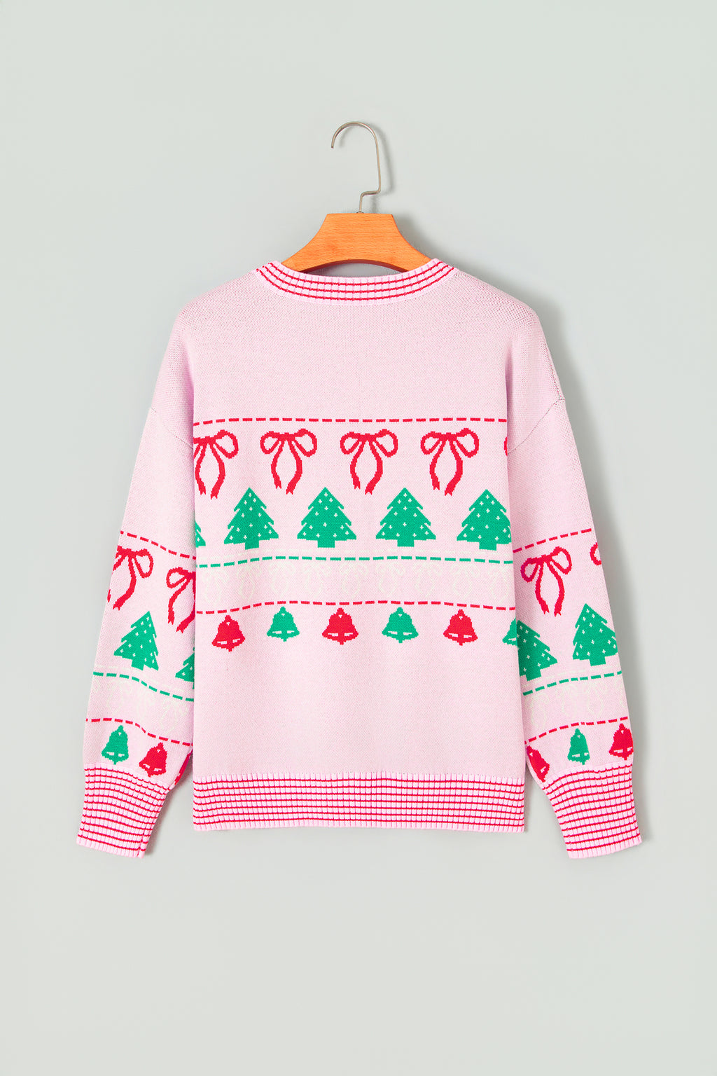 Pink Festive Holiday Print Round Neck Loose Tunic Sweater